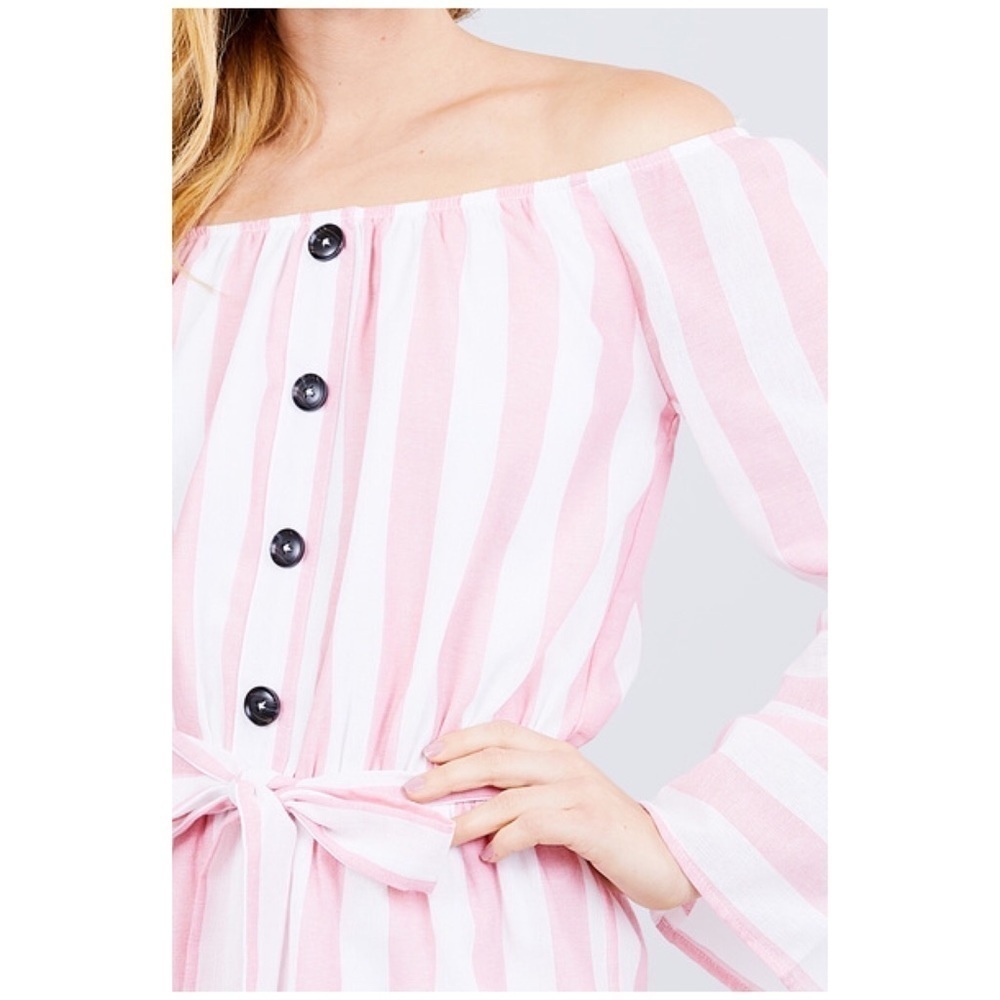🌟Off Shoulder Bell Sleeve Stripe Romper Pink 1620 - Picture 4 of 4